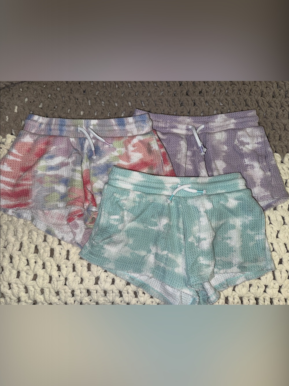SO Tie-Dye Waffle Knit Shorts Trio in Mint, Purple, and Multi-Color